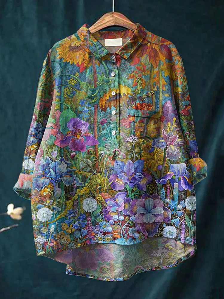 Womens Vintage Flower Art Print Casual Cotton And Linen Shirt