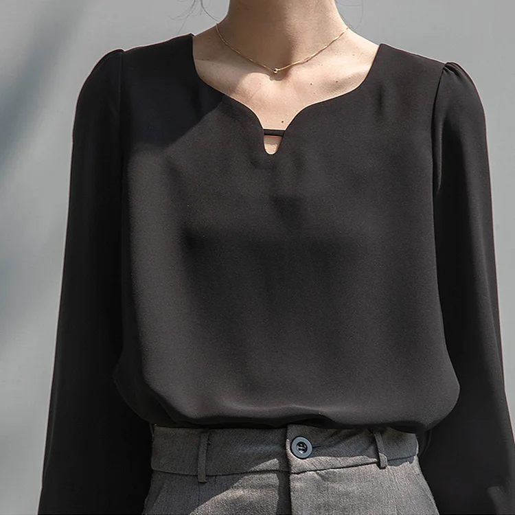 Black Long-Sleeved Blouse With A Collar Like A Drop Of Water QueenFunky