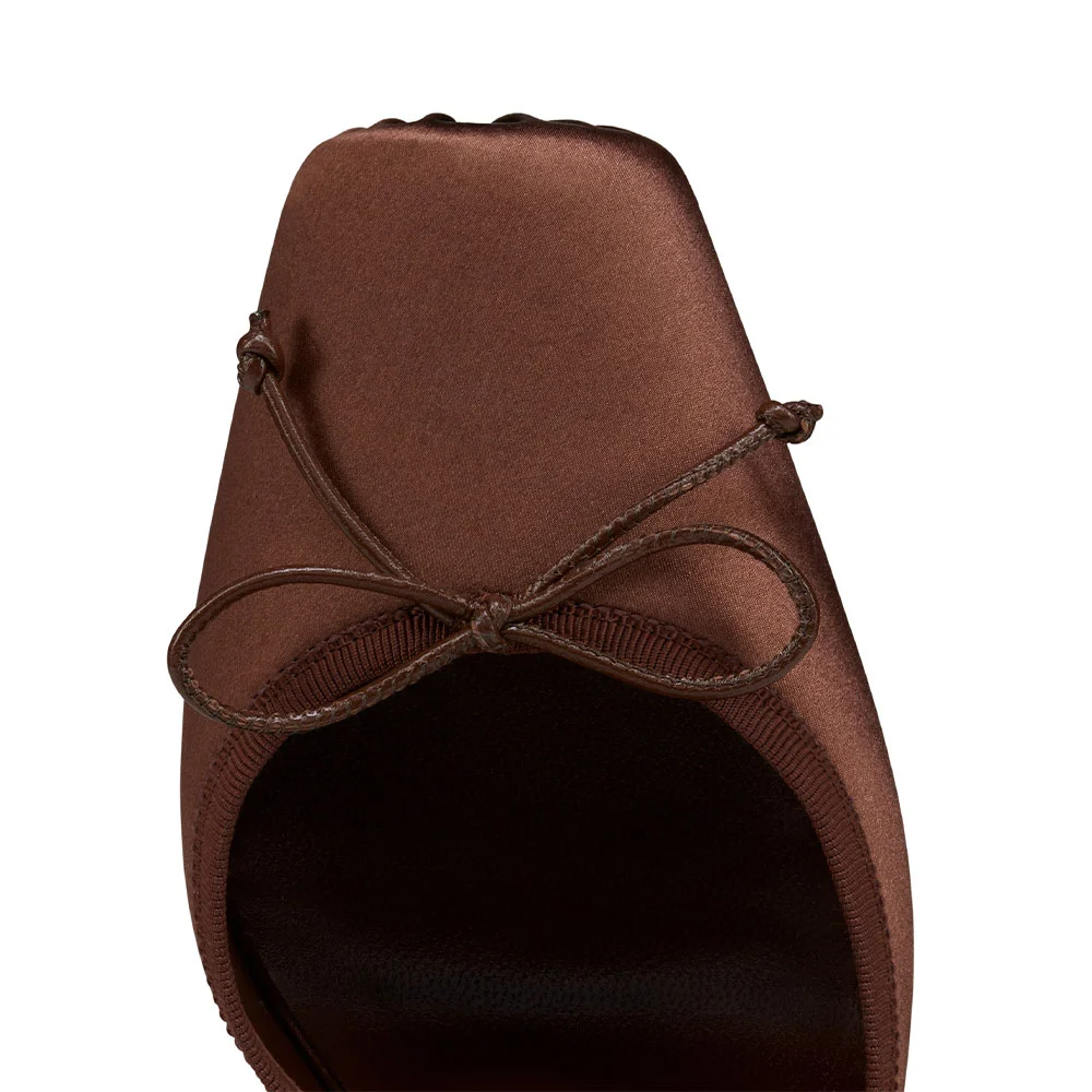 Brown Satin Square Toe Stiletto Heel Ballet Lace Up Pumps for Women
