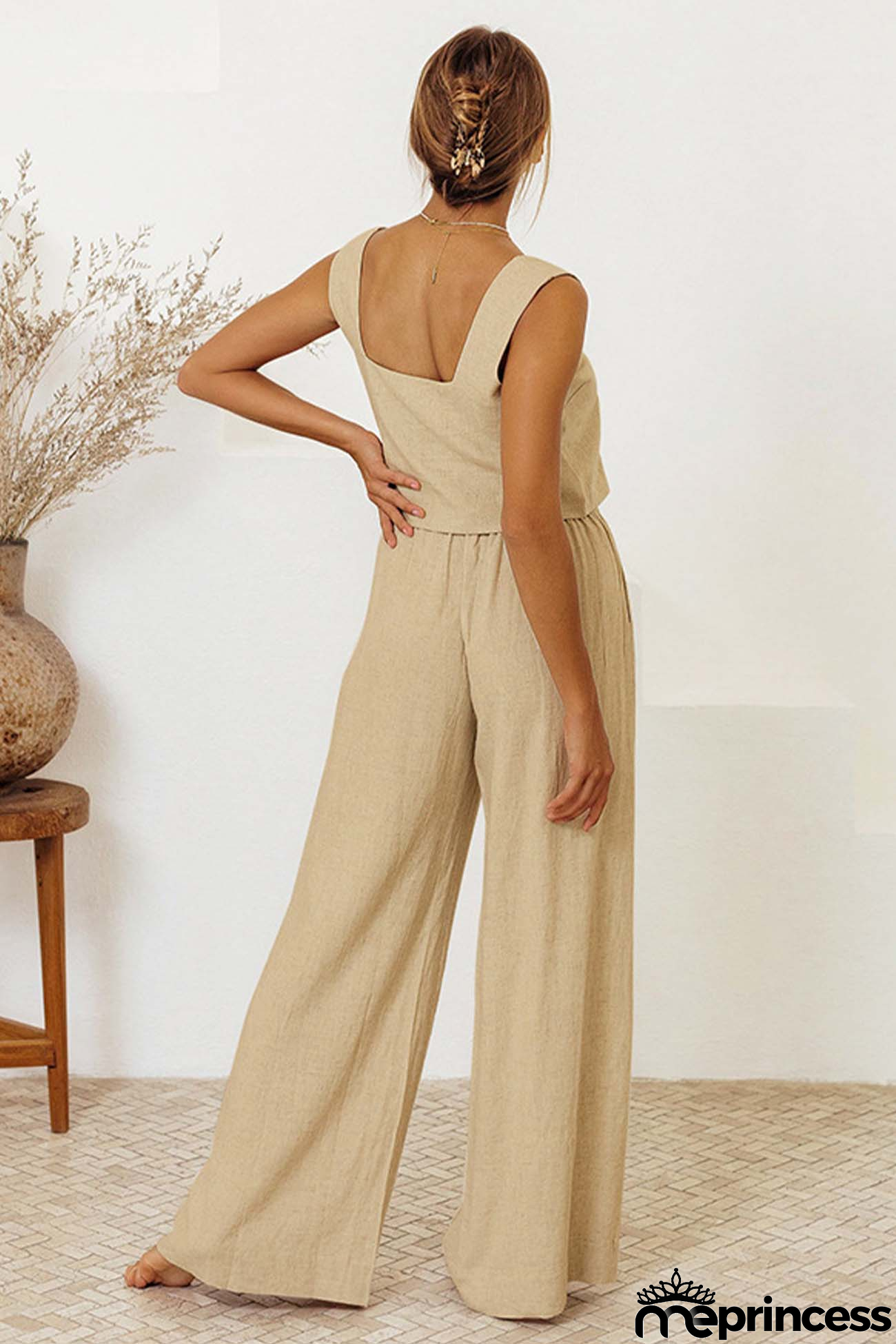 Cotton Waist-Tie Square Neck Pants Set