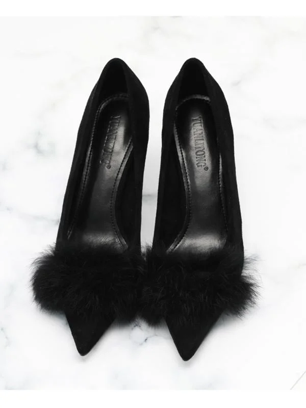 Fashionable rabbit fur suede stiletto heel sexy pointed kitten high heels