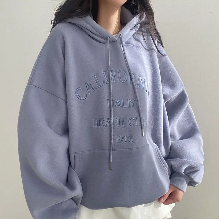 SOLID COLOR LETTER EMBROIDERY OVERSIZED HOODIE