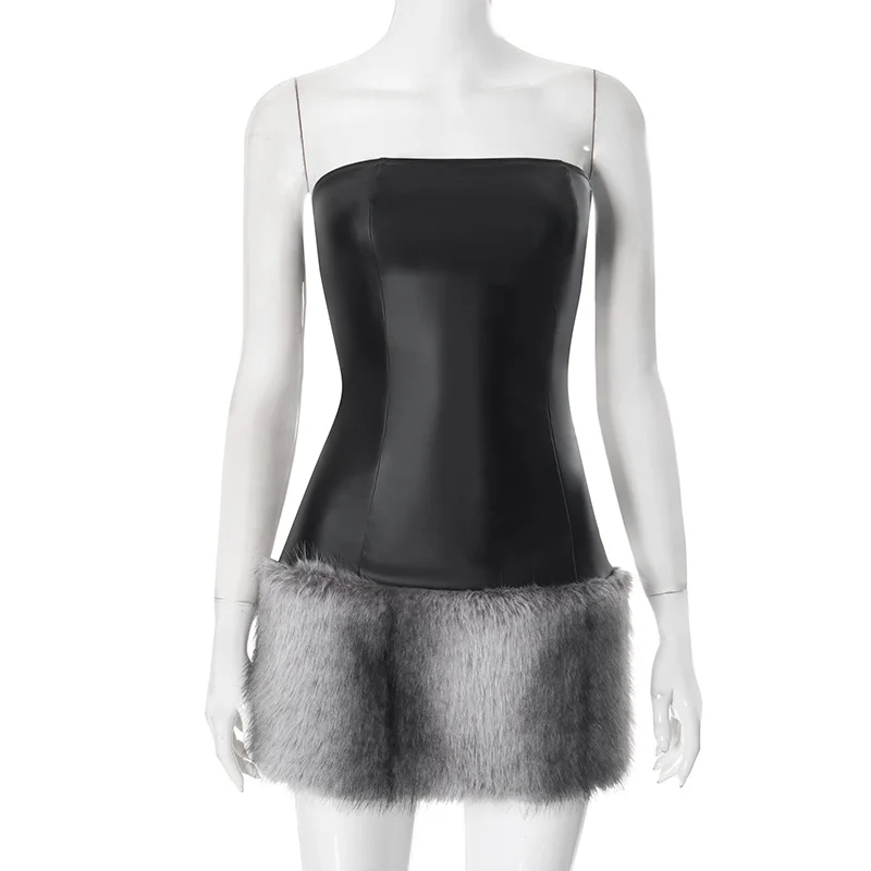 Uveng Uveng Women's Autumn And Winter Uncollared Leather Braided Plush Splicing Bag Hip Short Dress