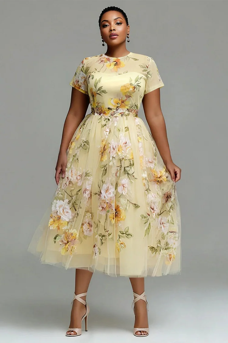 Xpluswear Design Plus Size Vacation Yellow Floral Round Neck Short Sleeve See Through Tulle Midi Dresses [Pre-Order] 2024 - Xpluswear