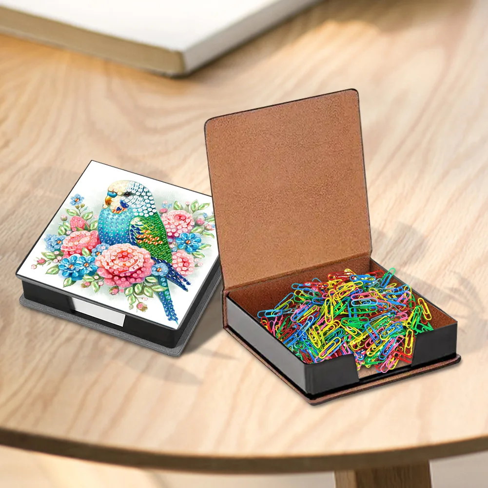 DIY Flower Parrot Leather Diamond Art Note Box with 160 Sheets of Paper for Beginners
