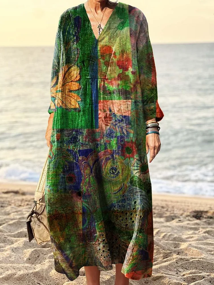 Women's Vintage Floral Art Print V Neck Long Sleeve Dress