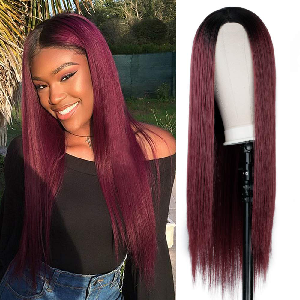 Wine Red  Long Straight Hair Daily Wigs ELCNEPAL