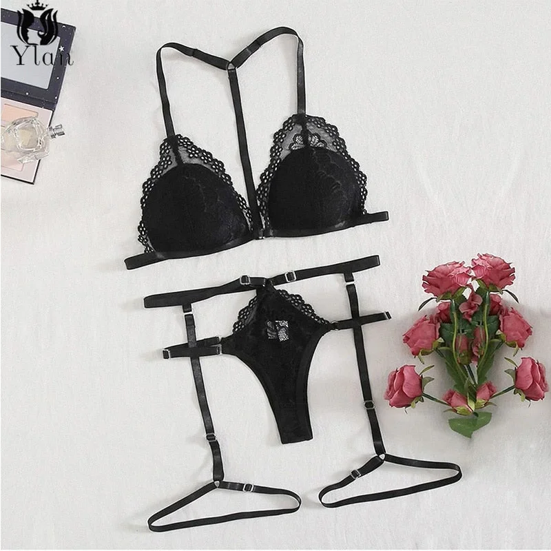 2020 New Lingerie for Women Push Up Bra Set Wire Free Brassiere Sexi Garter Thong 2pcs Lace Underwear Suit Bandage Sexy Lingerie