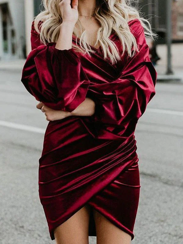 Open shoulder wine red velvet dress