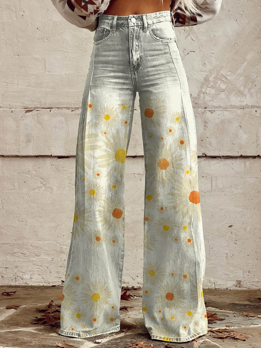 Women's White Daisy Print Casual Wide Leg Pants