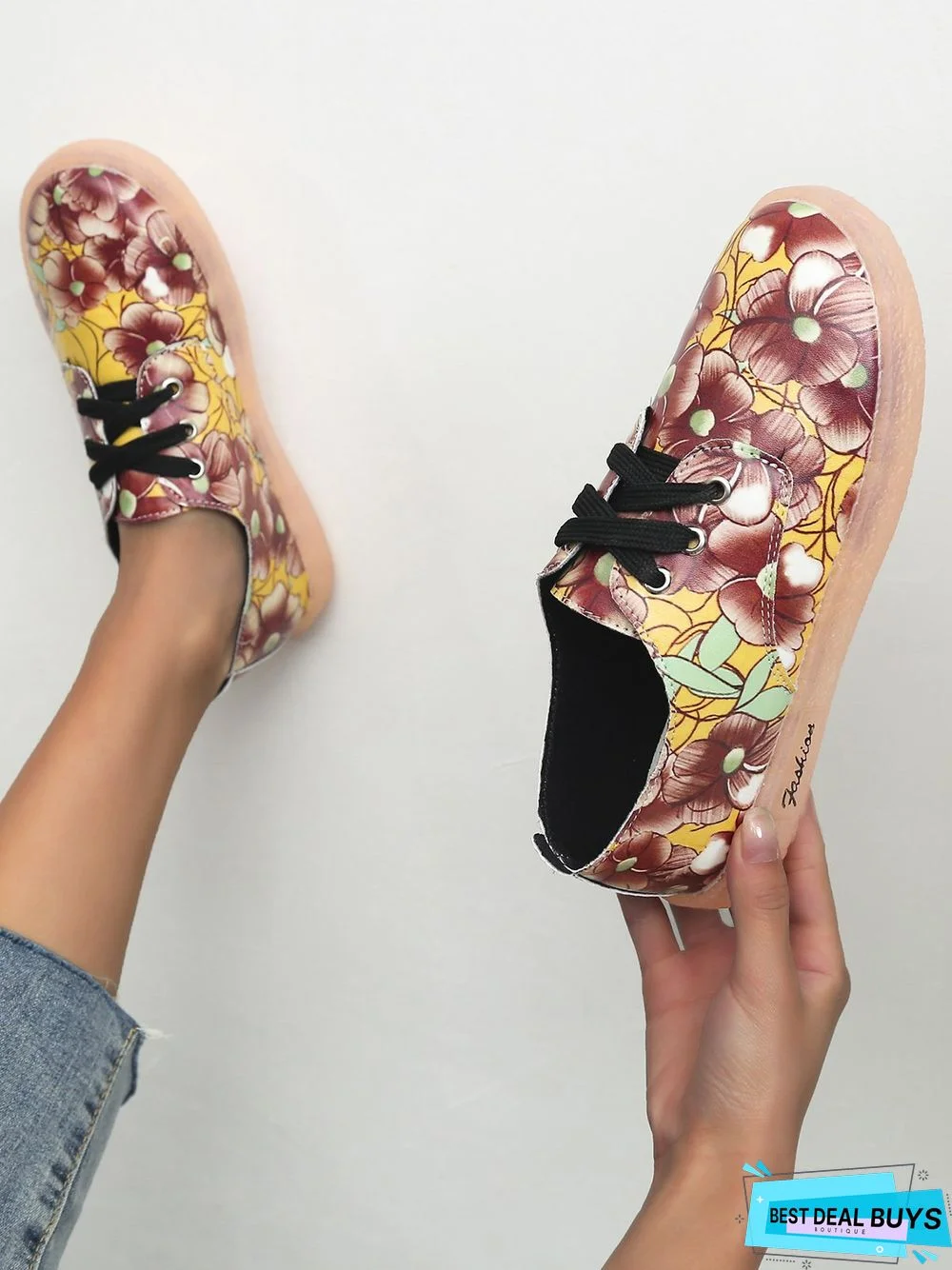 Floral Pattern  Lace-up Front Flat Shoes