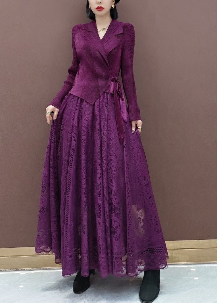 Fitted Purple tie waist Peter Pan Collar Knit tops lace skirts Sets two Pieces Spring CK1775- Fabulory