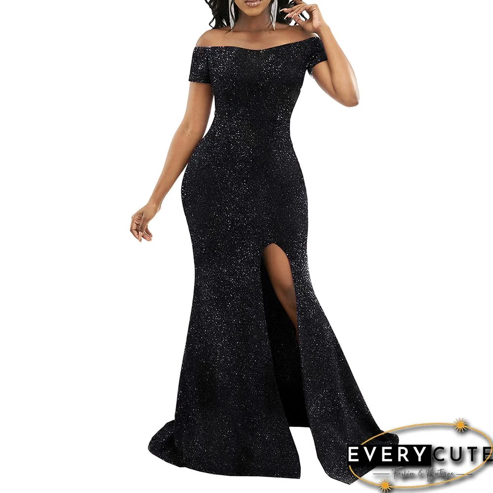 Black BlingBling Off Shoulder Split Evening Dress