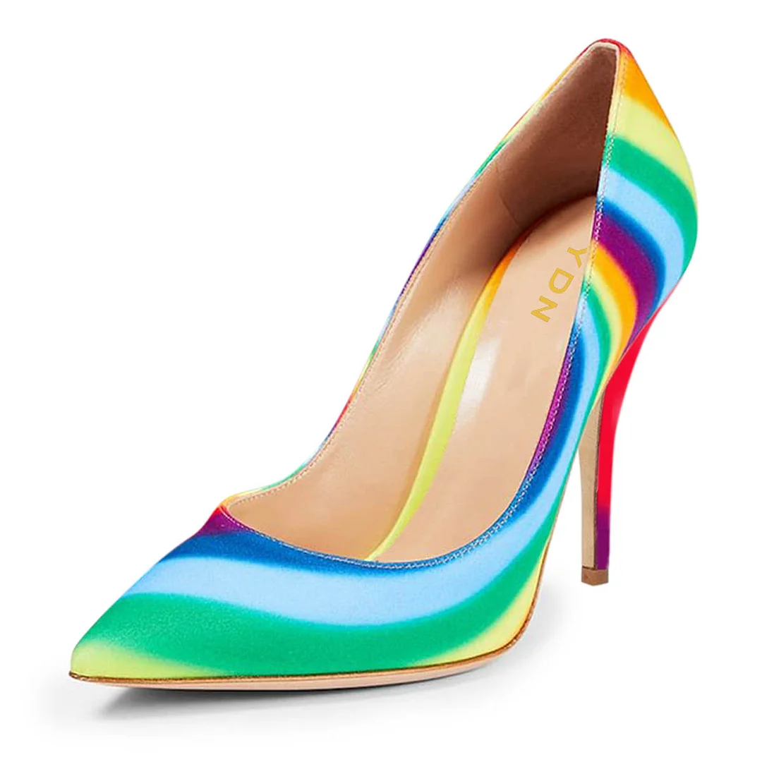 Rainbow Fabric Pointed Toe Slip-On Pumps Shoes with Stiletto Heels