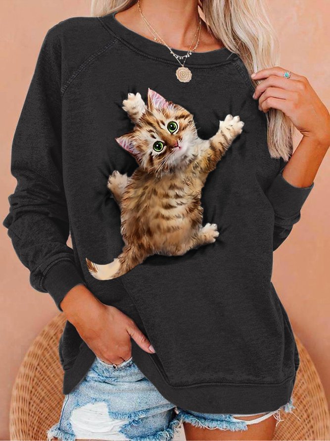 Womens Funny Cat Stuck On SweaterShirt  Casual Crew Neck Sweatshirts