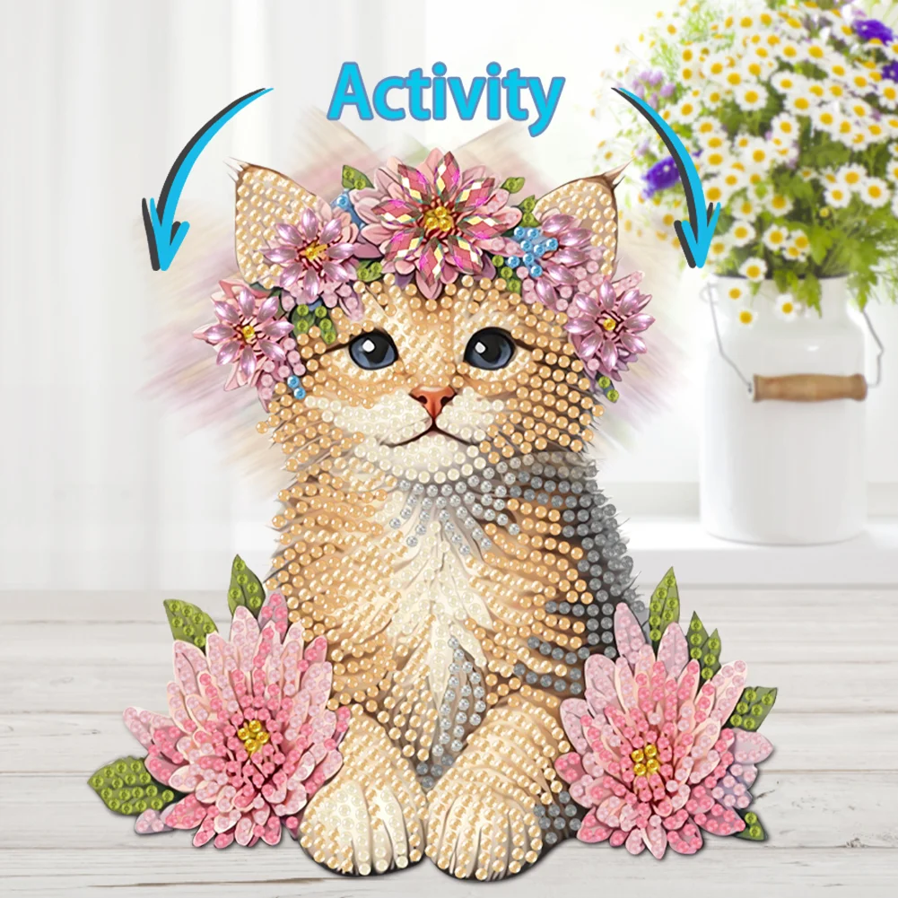 2D Flat Cat DIY Shaking Head Cat Pink Flower Diamond Painting Desktop Decoration