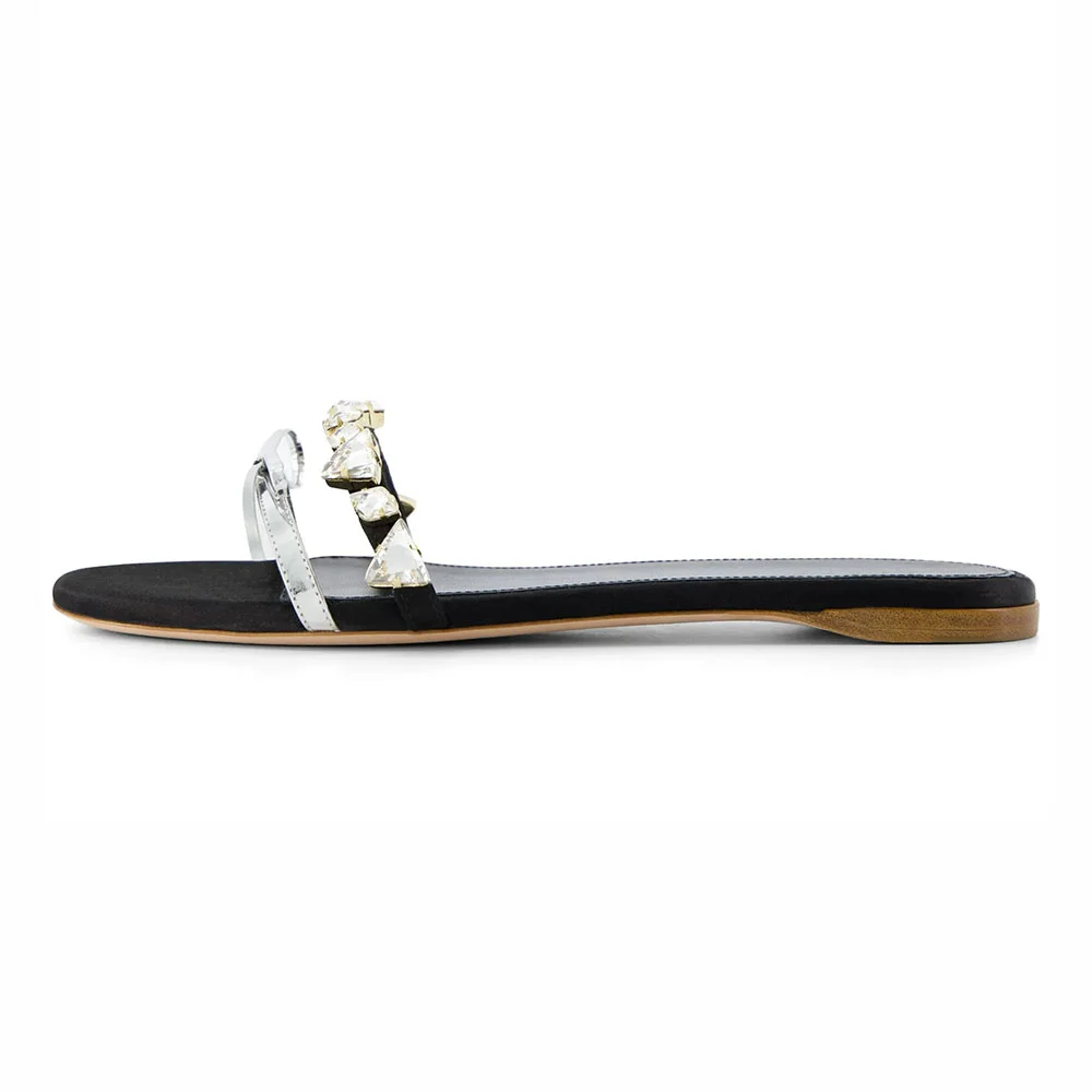 Women's Black Round Toe Flat Rhinestone Mules Sandals with Bow
