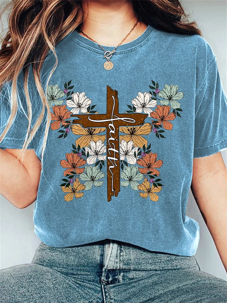 VChics Faith Cross Floral Print Casual T-Shirt
