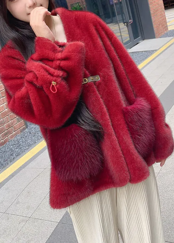 Red Drawstring Jacket Style Red V Neck Drawstring Thick Mink Velvet Coats Winter