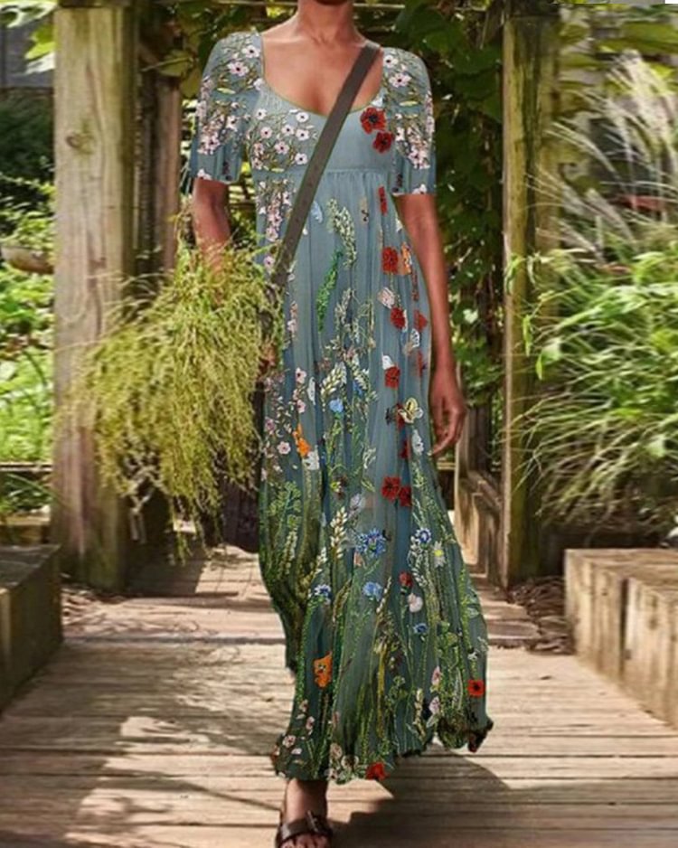 Casual Vintage Floral Print U Neck Short Sleeves Maxi Dress