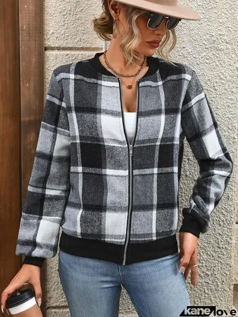 Plaid Zip Up Baseball Collar Jacket