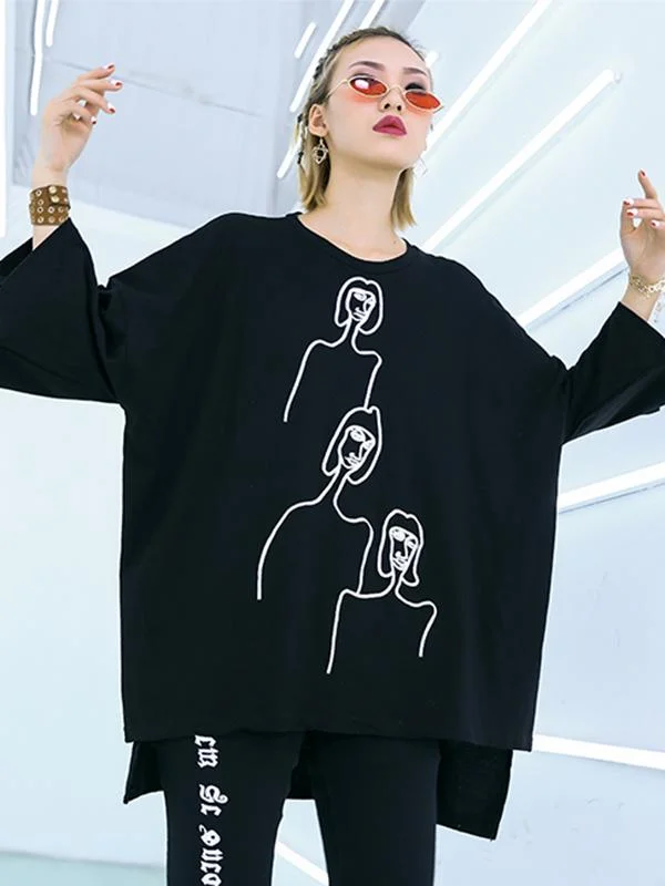 Embroidered Black&White Loose Round-Neck T-Shirt