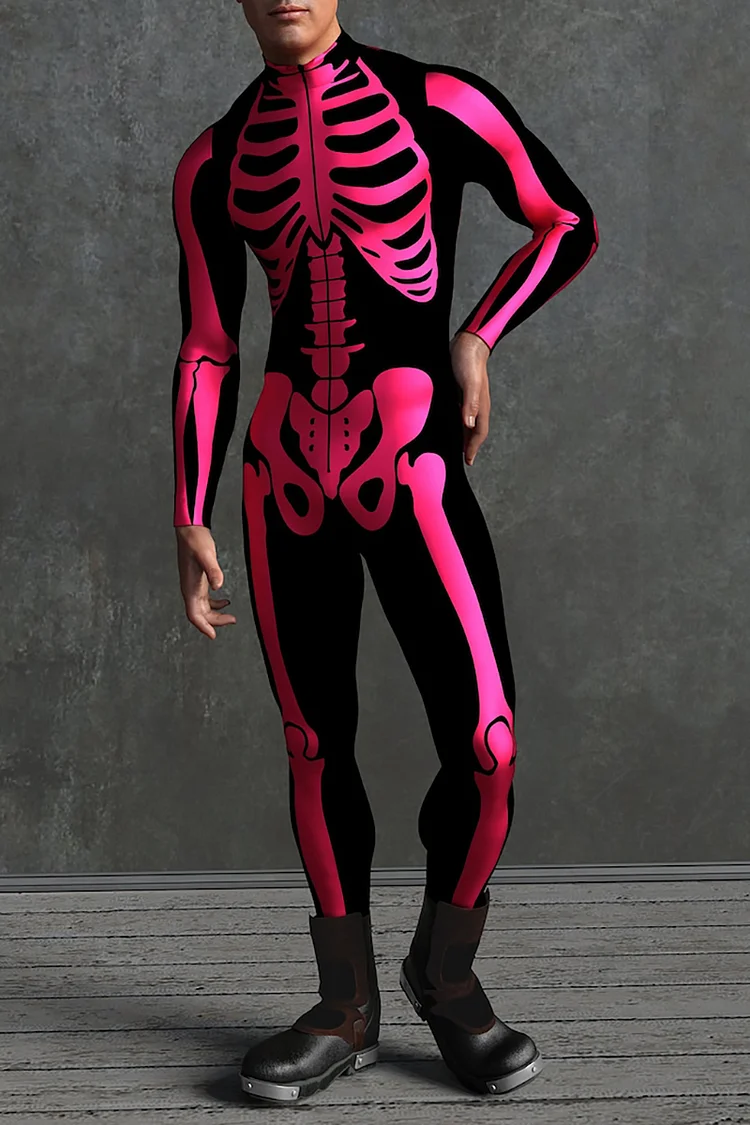 Skeleton Print High Neck Halloween Costume Fuchsia Bodycon Jumpsuit