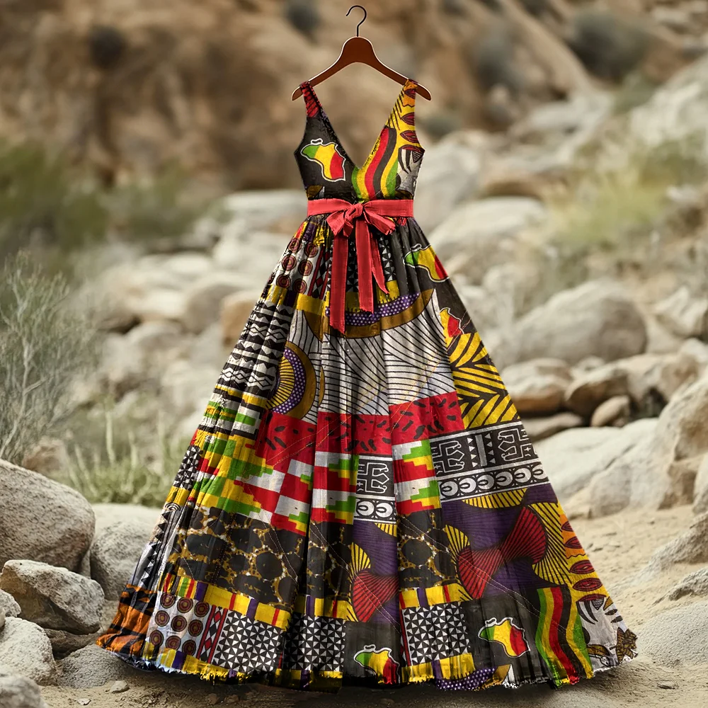 Women's Vintage Juneteenth Applique Art Print Long Dress