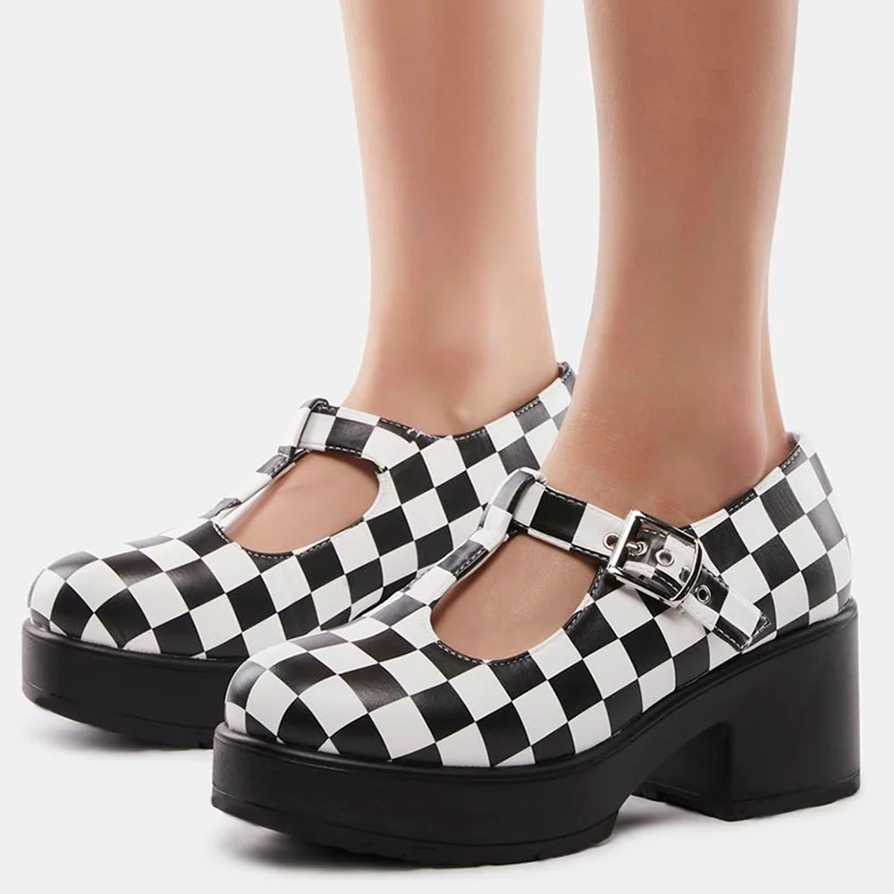 Black White Grids Mary Jane Shoes With Platform Chunky Heels Nicepairs