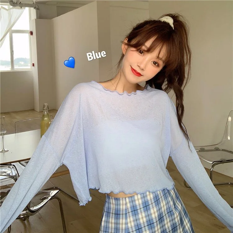 T-shirts Women Solid Long Sleeve See-through Sun Protection Crop Tops Thin 2020 Summer Trendy Sweet Casual Womens Ulzzang New
