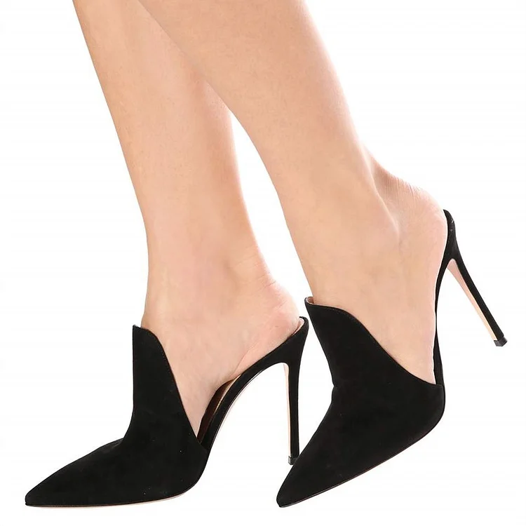 Black Vegan Suede Loafers for Women Pointy Toe Stiletto Heels Mules |FSJ Shoes