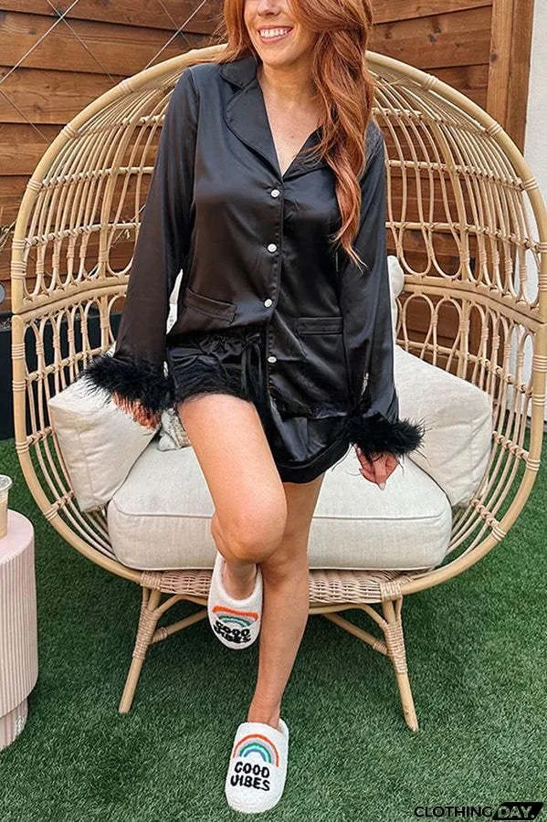 NYC Sweet Dreams Feather Trim Elastic Waist Pocket Pajama Shorts Set