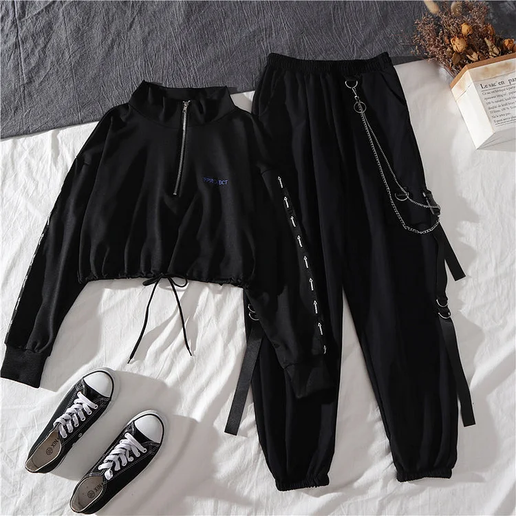 Sports Loose Hoodie and High Waist Street Fashion Cargo Pants