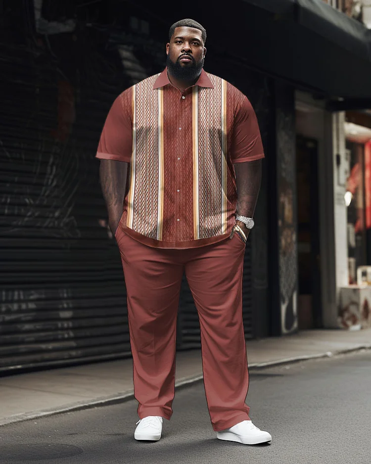 Men's Plus Size Business Classic Vertical Stripe Pattern Short Sleeve Shirt Suit