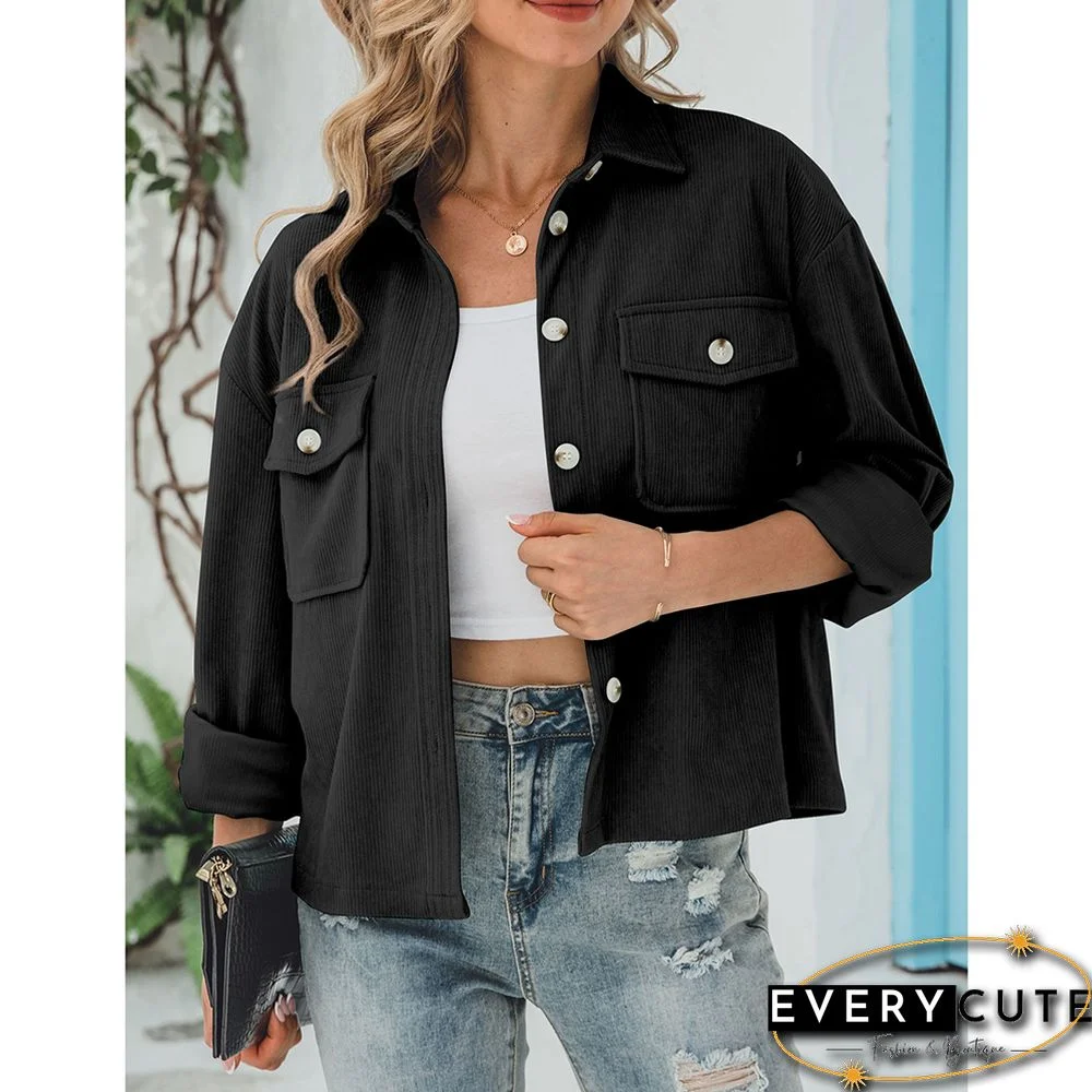 Black Corduroy Cropped Jacket with Pocket