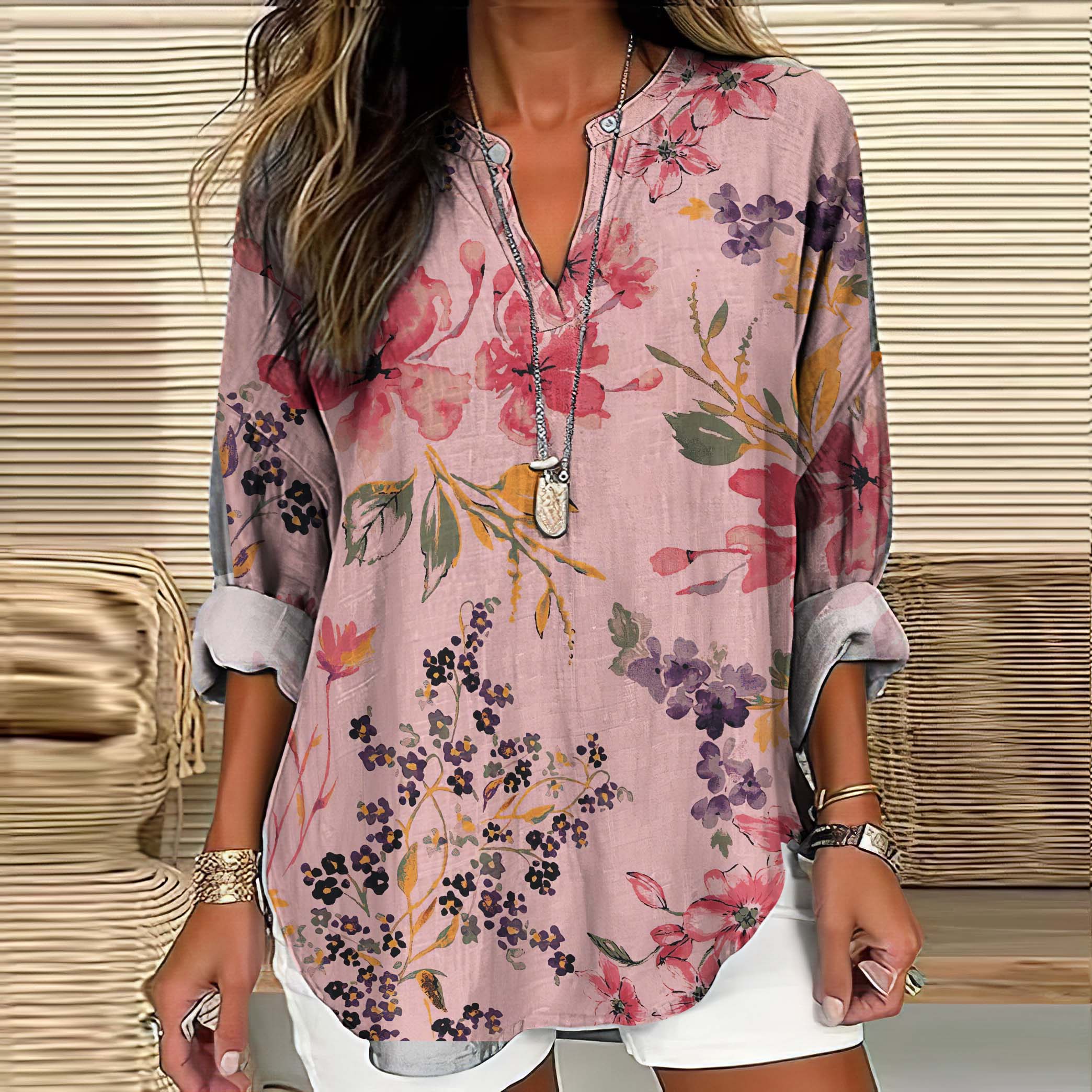 Comstylish Elegant Floral Art Linen Blend Tunic