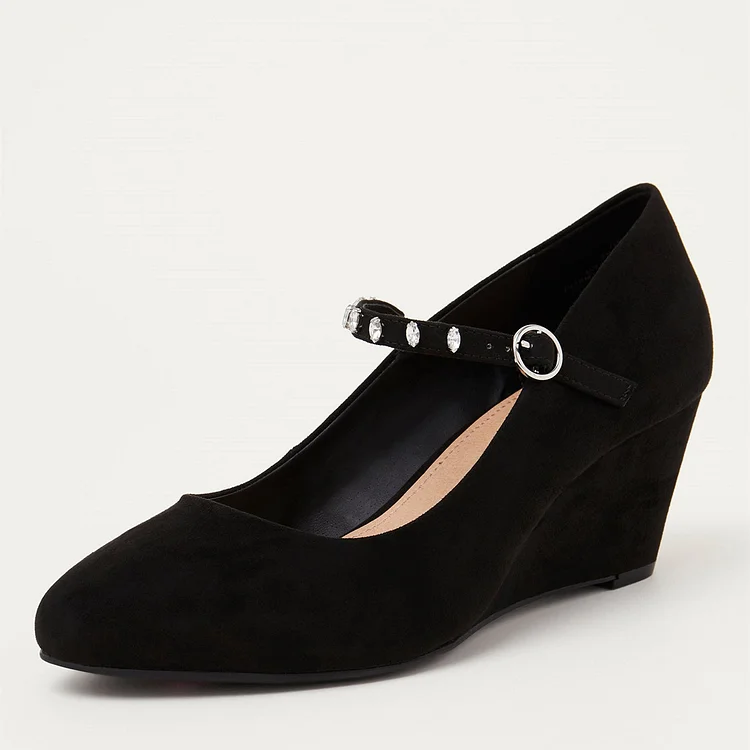 Black Suede Rhinestone Mary Jane Shoes Round Toe Wedge Heels Pumps |FSJ Shoes