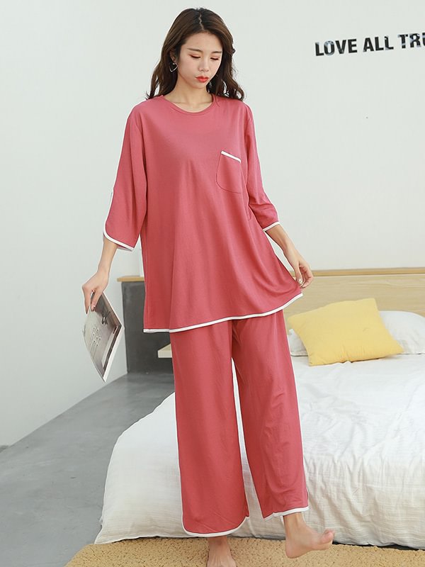2PCS Plus Size Split-Side Round-Neck Top&Bottom Pajama Set