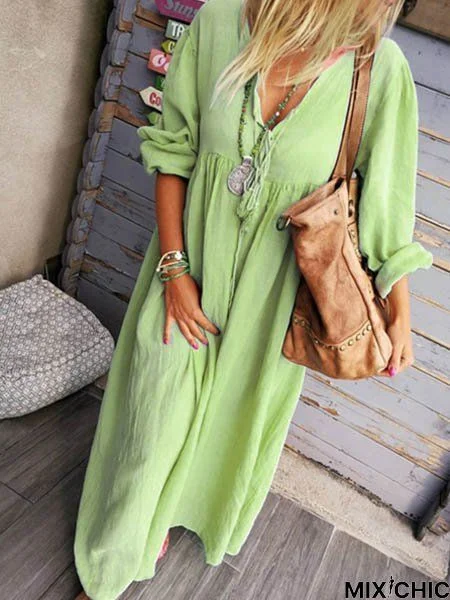 V Neck Solid Long Sleeve Cotton-Blend Weaving Dress