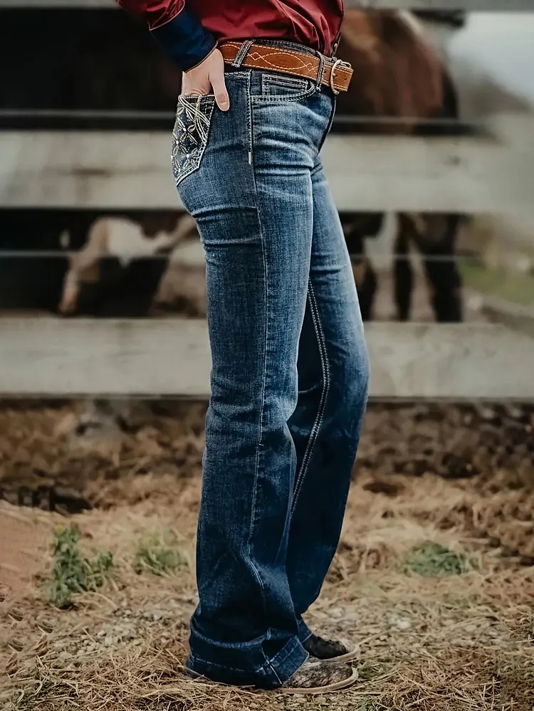 Ladies Washed Pocket Printed Casual Jeans