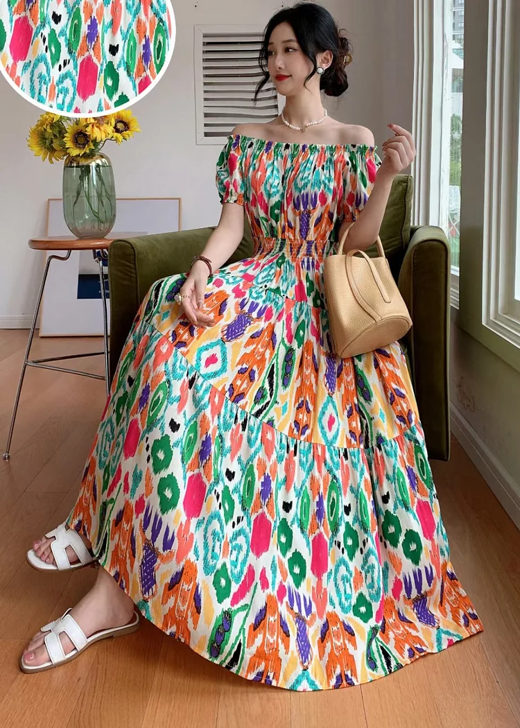 Women's floral dress, travel beach dress, printed short-sleeved one-line collar, Maxi Dress