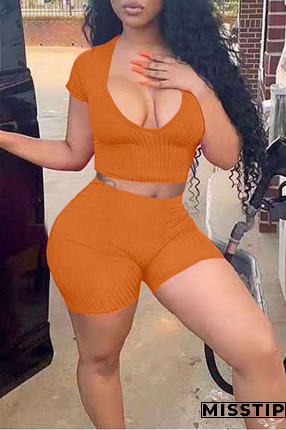 Orange Fashion Casual Solid Basic V Neck Short Sleeve Two Pieces