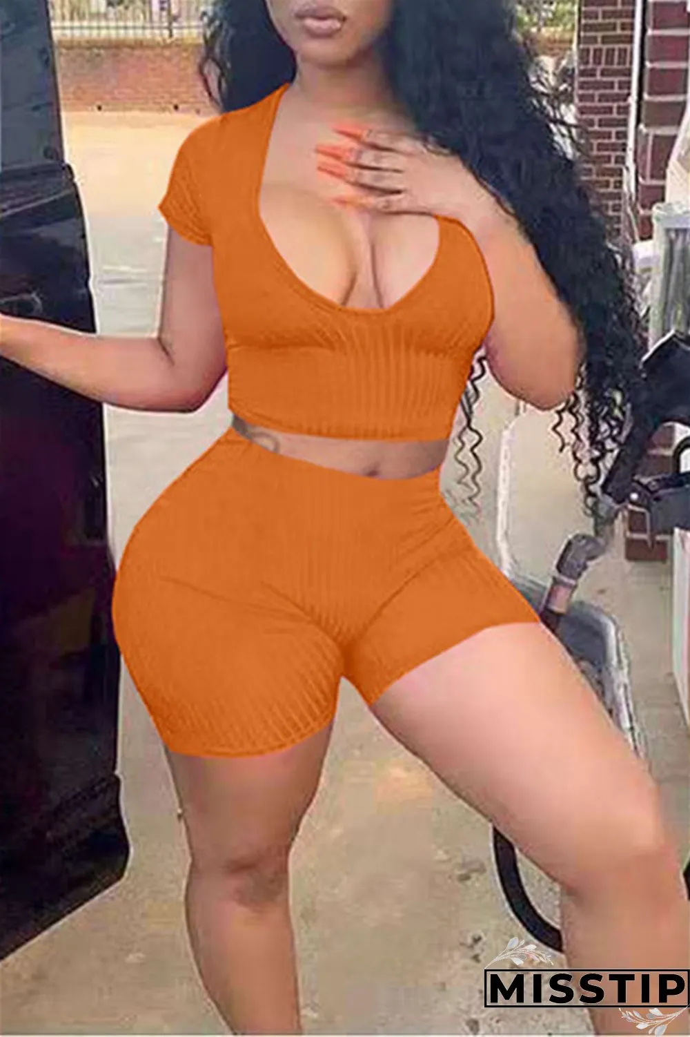 Orange Fashion Casual Solid Basic V Neck Short Sleeve Two Pieces