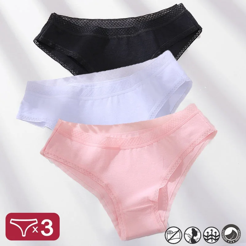3PCS/Set Mesh Waistband Cotton Panties Women's Briefs Underwear Sexy Lingerie Panties Female Underpants Solid Color Girls Pantys