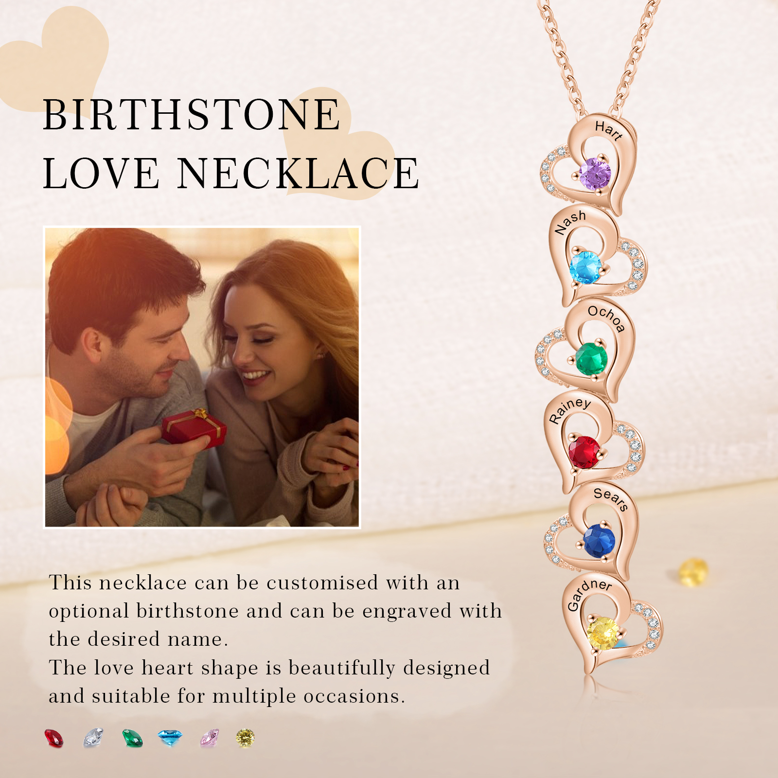 6 Names - Personalised Heart Pendant Necklace Custom Birthstones & Names Necklace Birthday Gift for Her -Jessemade AU