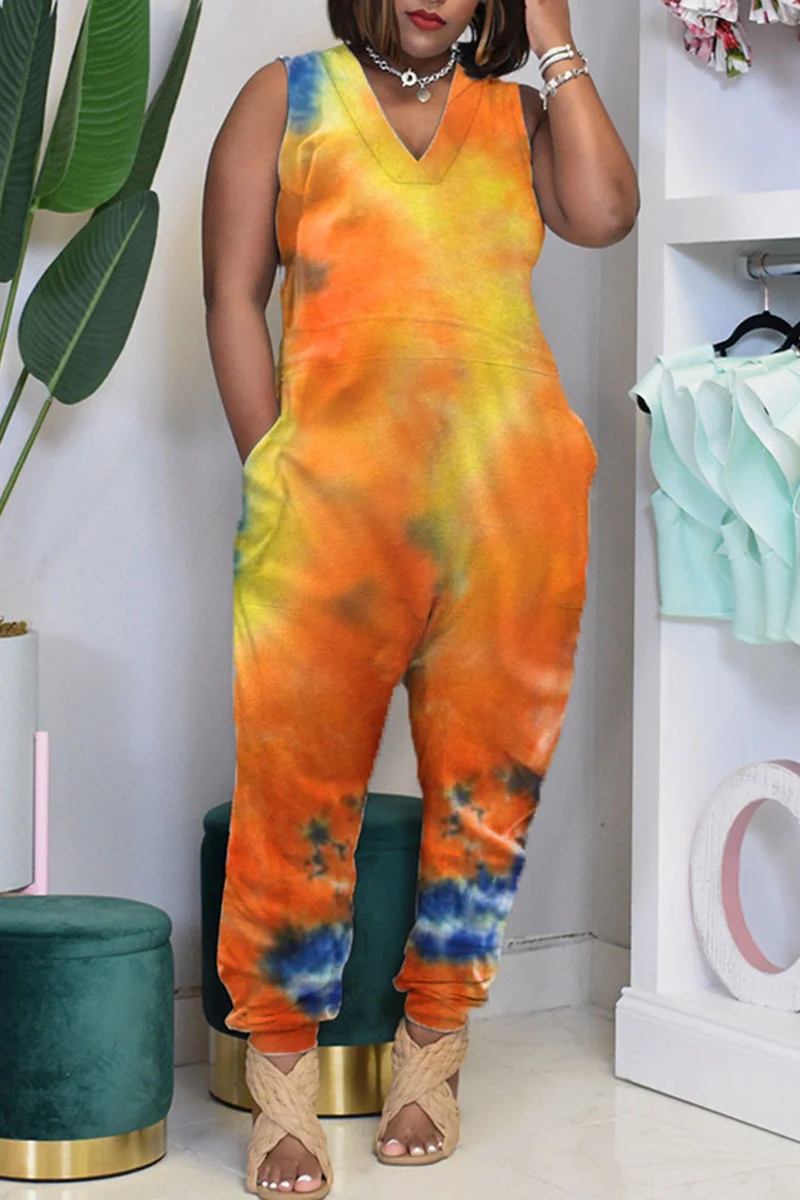 Orange Casual Print Tie-dye O Neck Loose Jumpsuits | EGEMISS