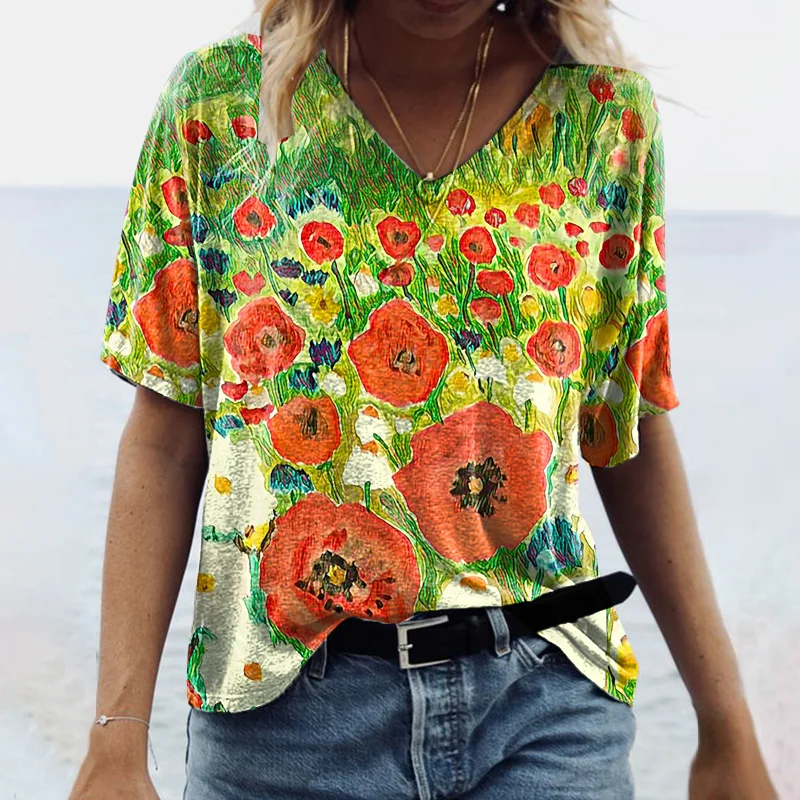 Red Wildflowers Printed Women's T-shirt