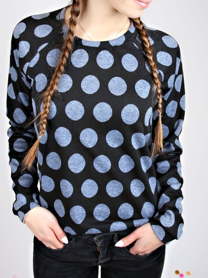 Black Casual Polka Dots Knitted Shift Sweatshirt Zaesvini