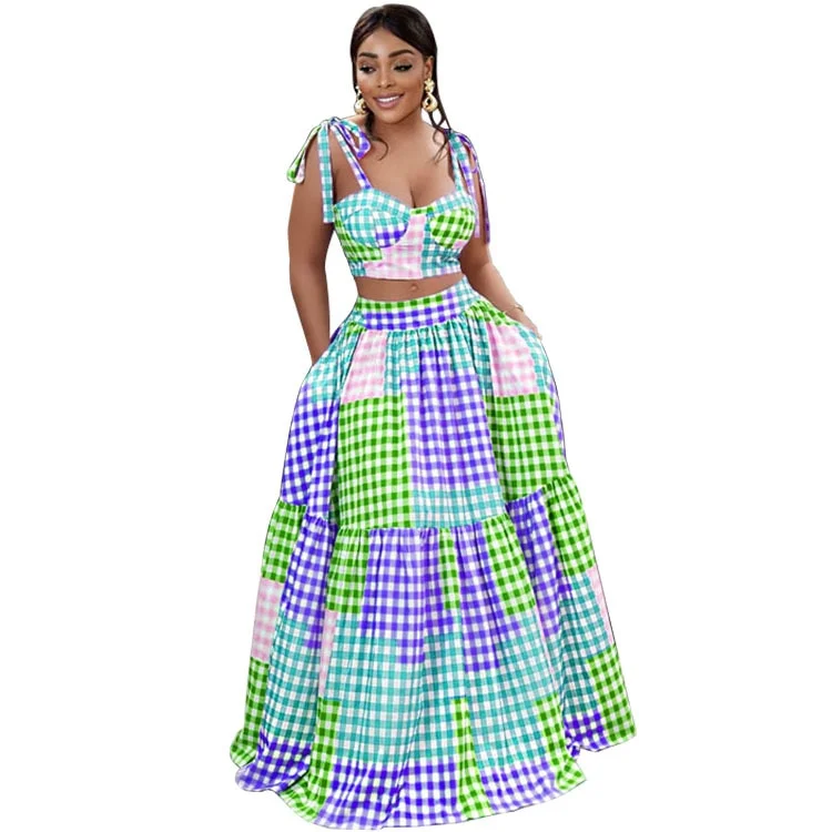 CM.YAYA Women Colorful Plaid Maxi Long Big Swing Skirts Suit and Crop Tops Matching Elegant Two 2 Piece Set Outfits 2022 Summer