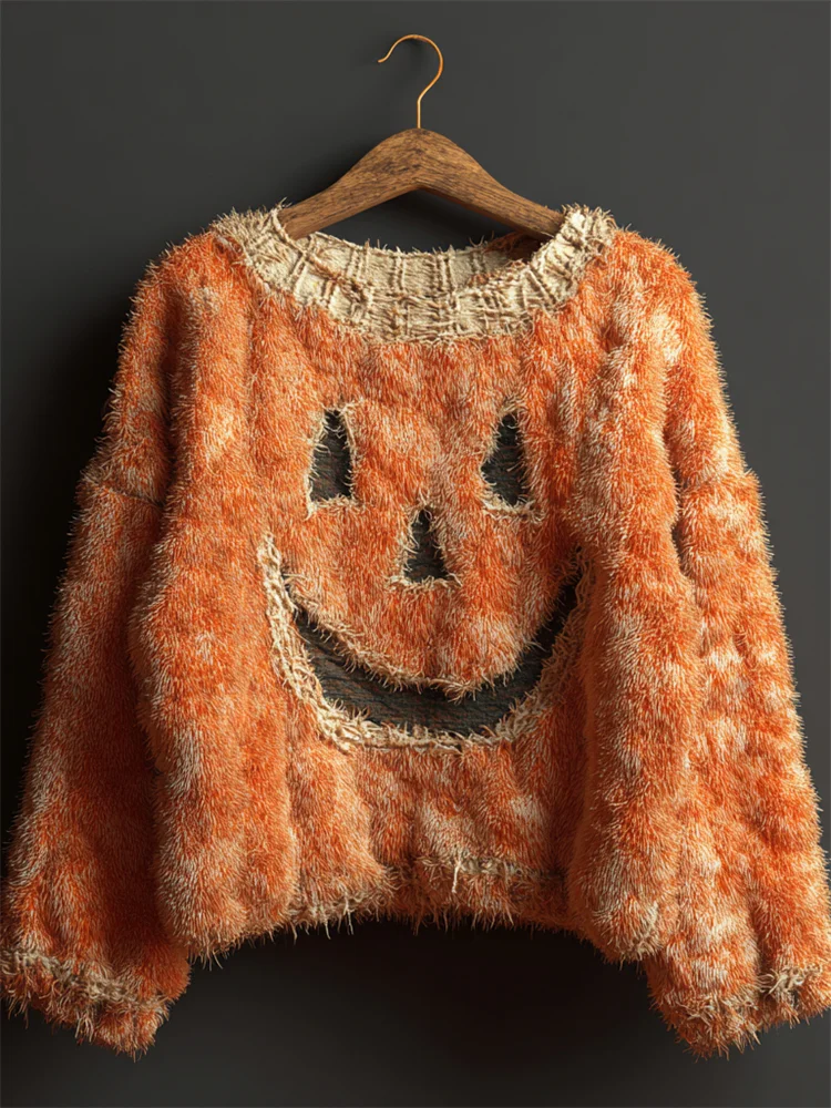 Halloween Pumpkin Face Stitched Cozy Fuzzy Knit Sweater